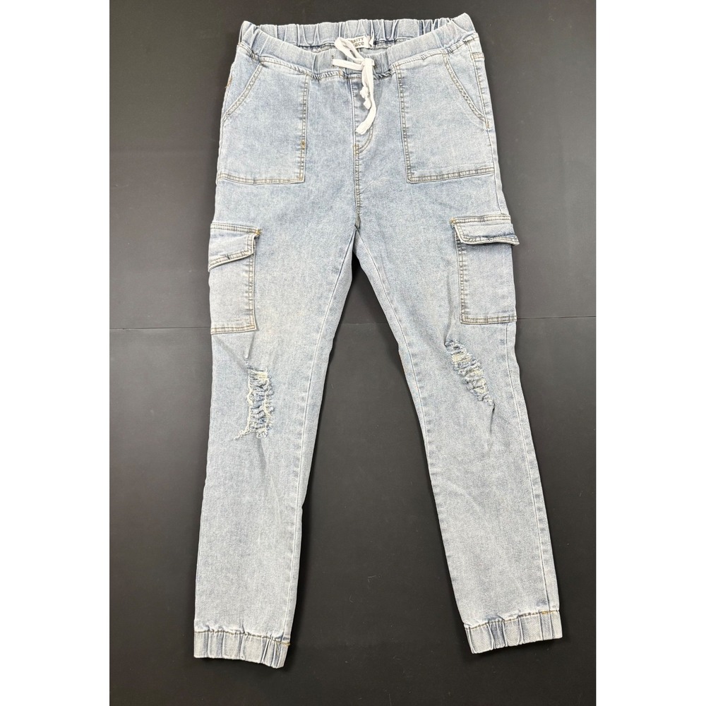 Celebrity Ace Size 14 Light Blue Acid Wash Distressed Denim Cargo Jogger Pants